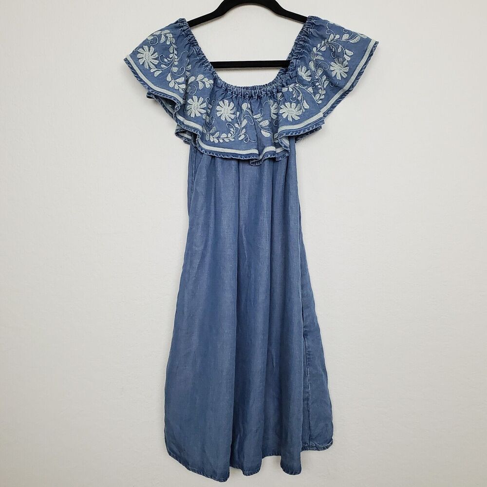 Chelsea & Theodore Womens Mini Dress Size M Lyocell Embroidered Flounce Chambray